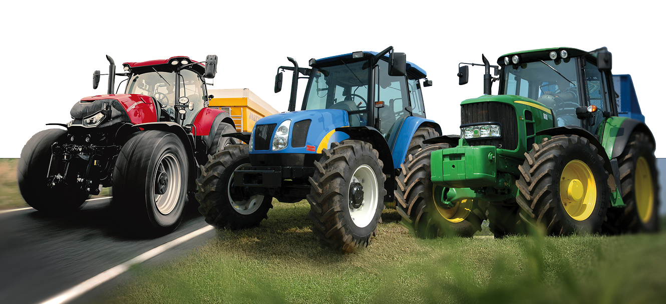 Multiple tractors and farm machines of different makes and models lined up, representing the wide range of equipment covered by the genuine parts offering available at Sparex